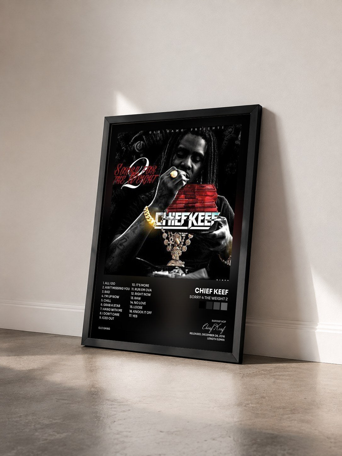 #noir Tableau de l'album Sorry 4 The Weight 2 de Chief Keef vu de trois quarts, cadre noir