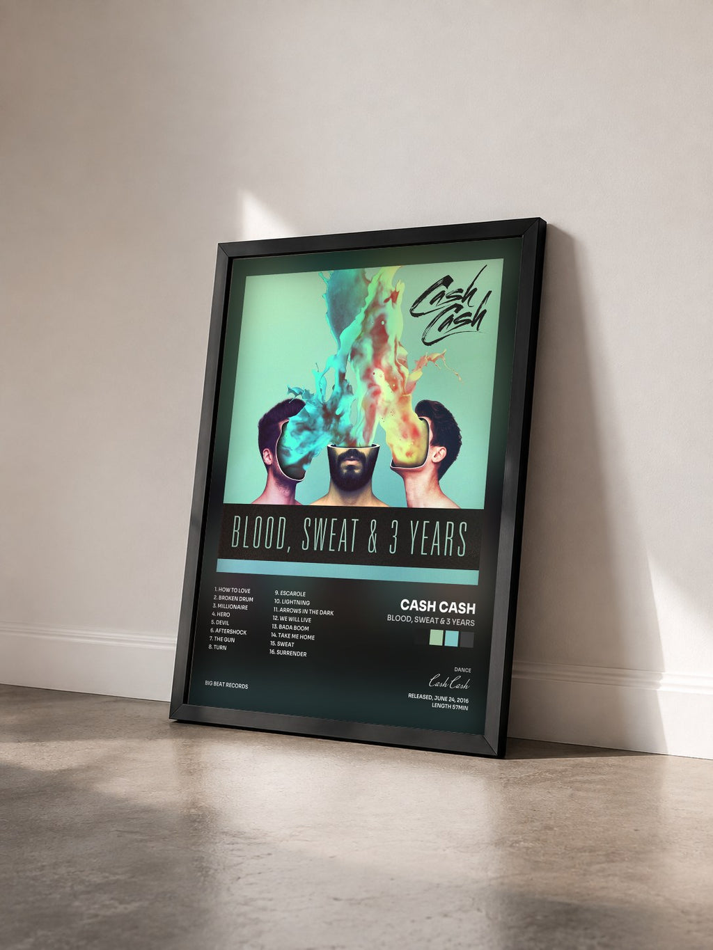 #noir Tableau de l'album Blood, Sweat & 3 Years de Cash Cash vu de trois quarts, cadre noir