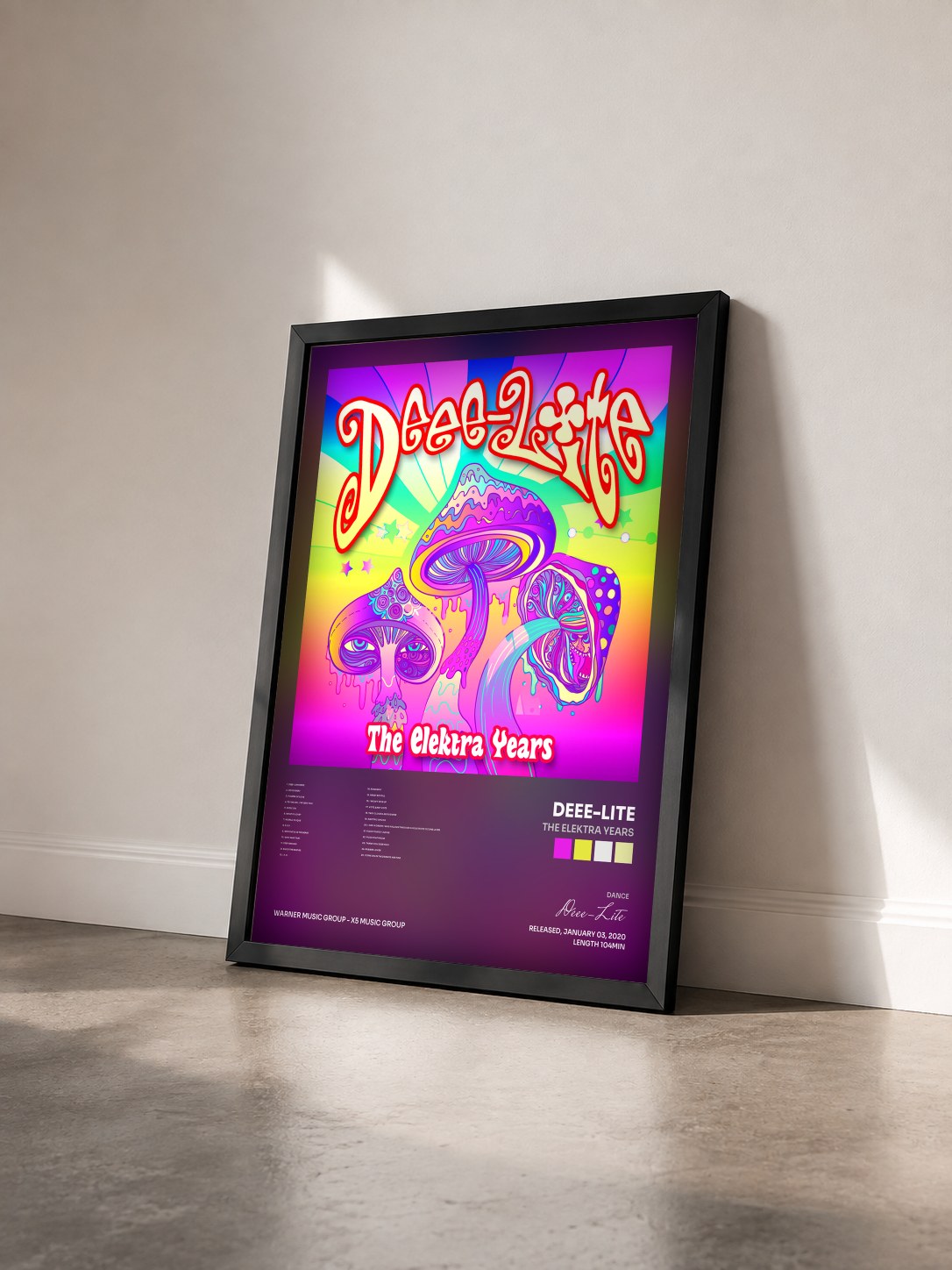 #noir Tableau de l'album The Elektra Years de Deee-Lite vu de trois quarts, cadre noir