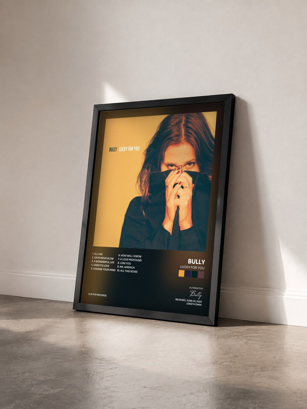 #noir Tableau de l'album Lucky For You de Bully vu de trois quarts, cadre noir