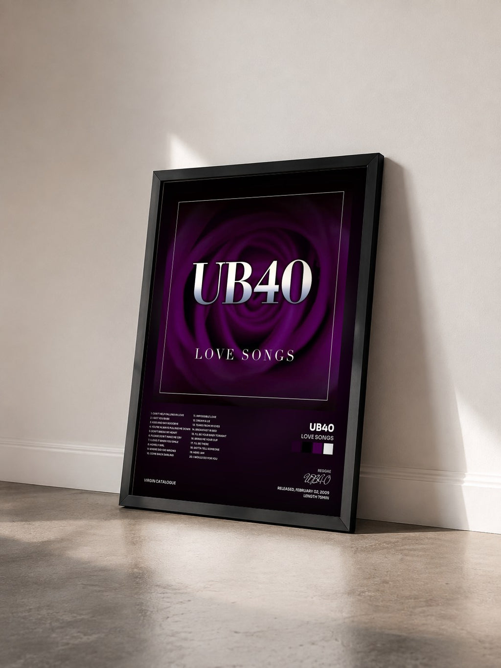 #noir Tableau de l'album Love Songs de UB40 vu de trois quarts, cadre noir