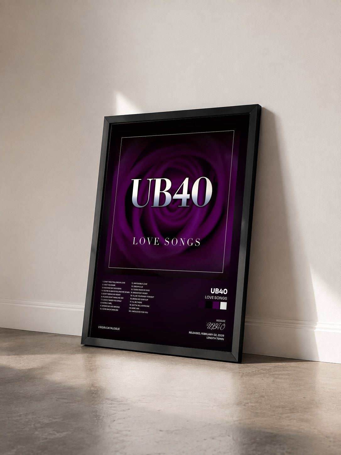 #noir Tableau de l'album Love Songs de UB40 vu de trois quarts, cadre noir