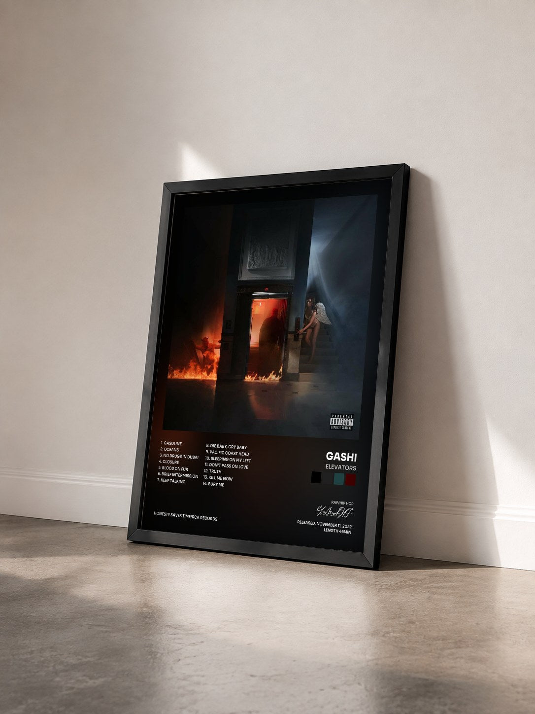 #noir Tableau de l'album ELEVATORS de GASHI vu de trois quarts, cadre noir