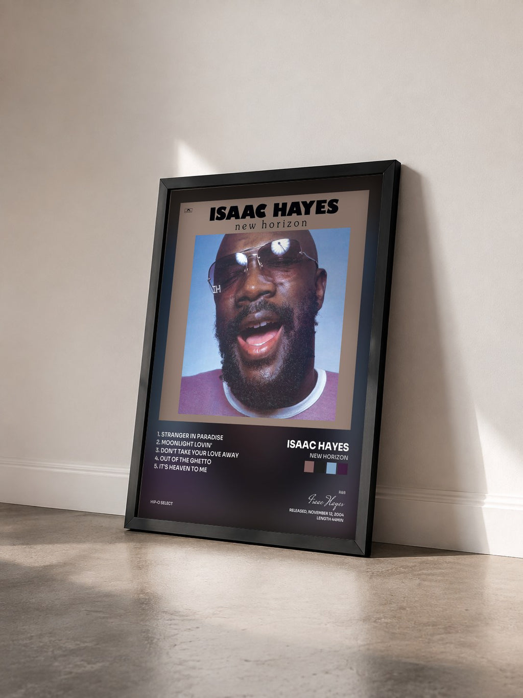 #noir Tableau de l'album New Horizon de Isaac Hayes vu de trois quarts, cadre noir