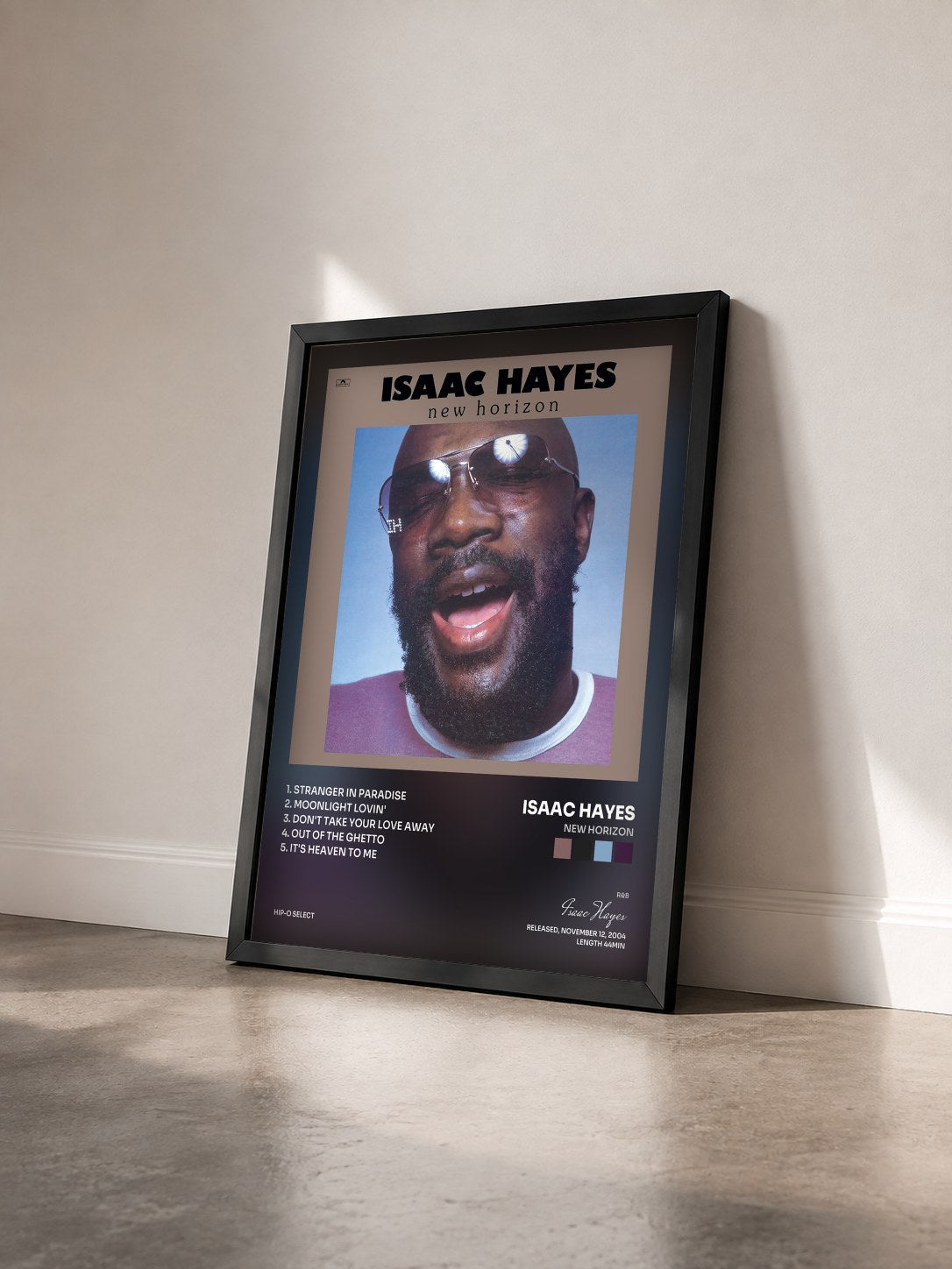 #noir Tableau de l'album New Horizon de Isaac Hayes vu de trois quarts, cadre noir