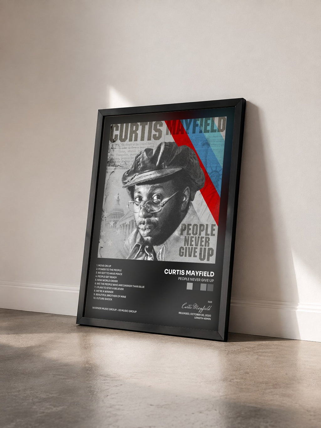 #noir Tableau de l'album People Never Give Up de Curtis Mayfield vu de trois quarts, cadre noir