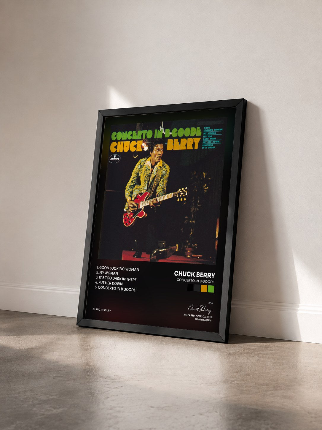 #noir Tableau de l'album Concerto In B Goode de Chuck Berry vu de trois quarts, cadre noir