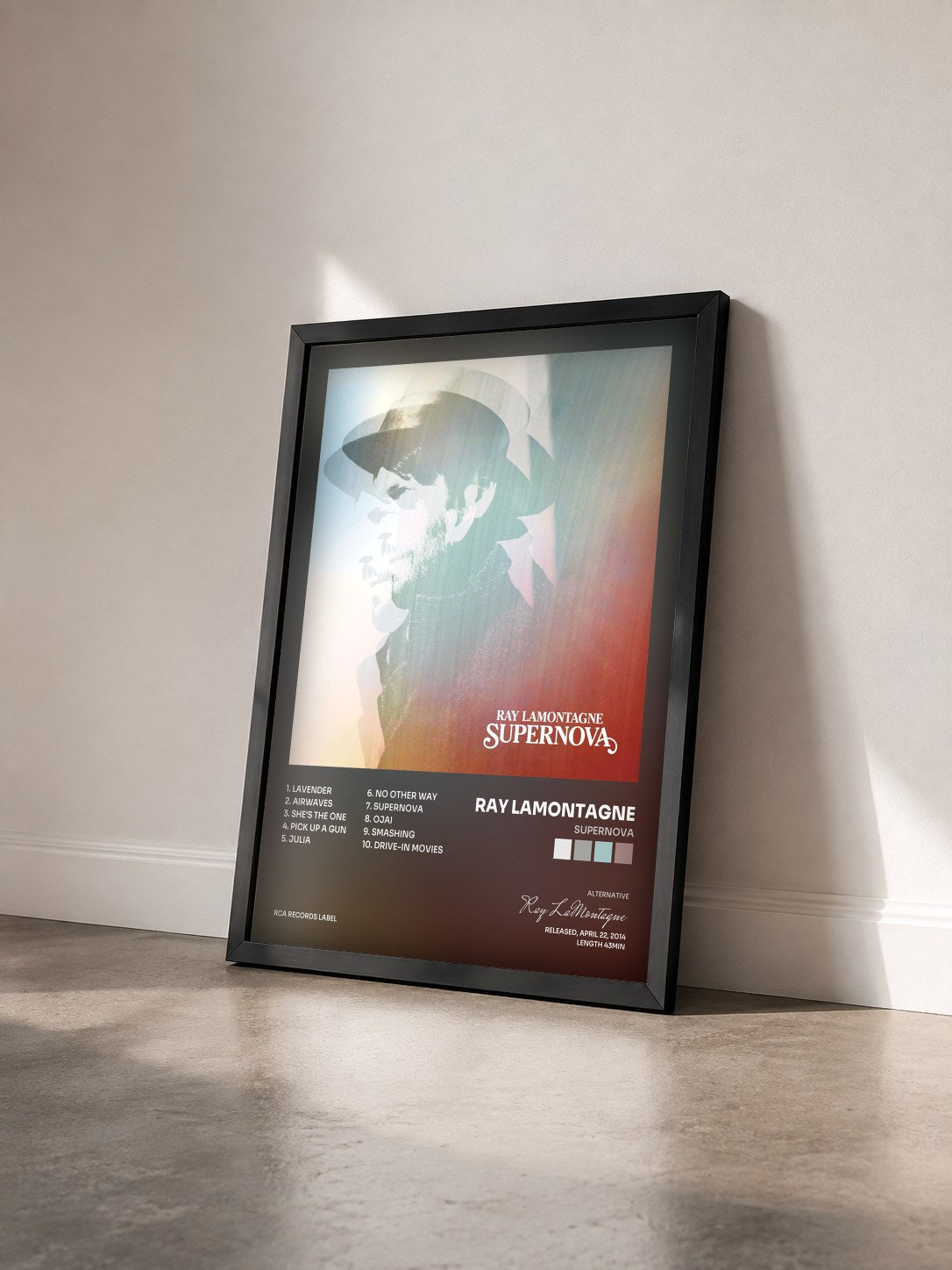 #noir Tableau de l'album Supernova de Ray LaMontagne vu de trois quarts, cadre noir