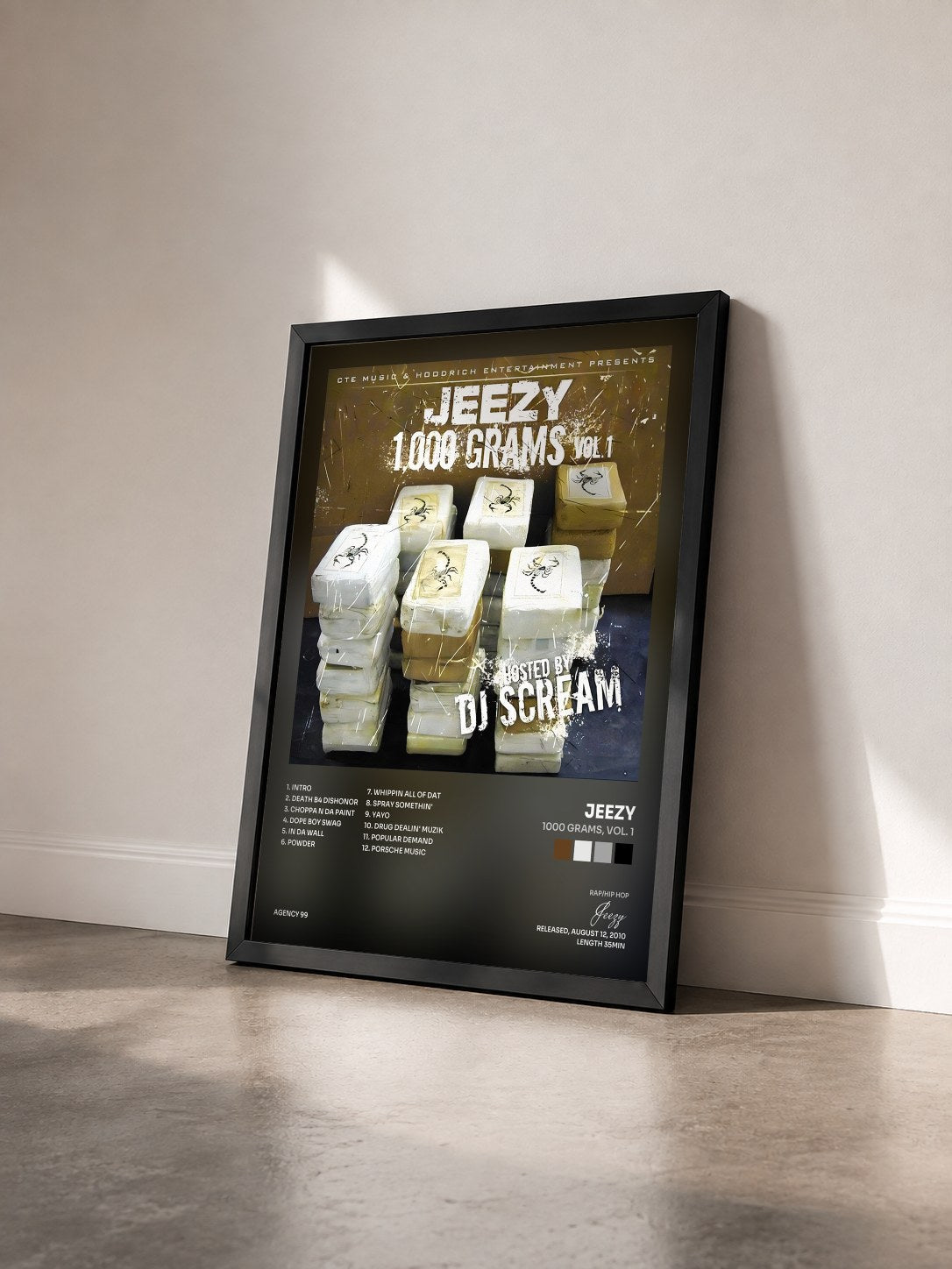 #noir Tableau de l'album 1000 Grams, Vol. 1 de Jeezy vu de trois quarts, cadre noir