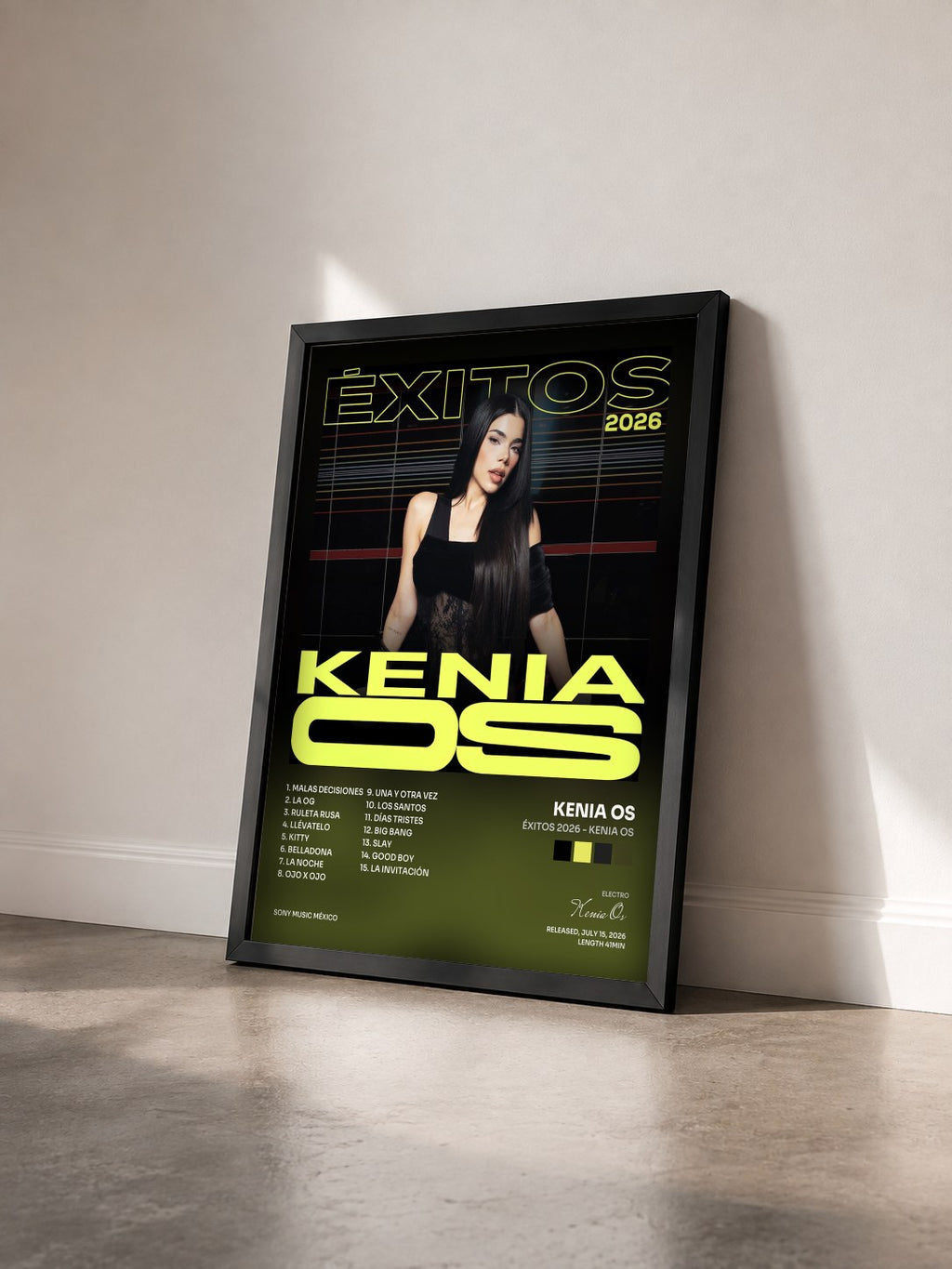 #noir Tableau de l'album Éxitos 2026 - Kenia Os de Kenia Os vu de trois quarts, cadre noir