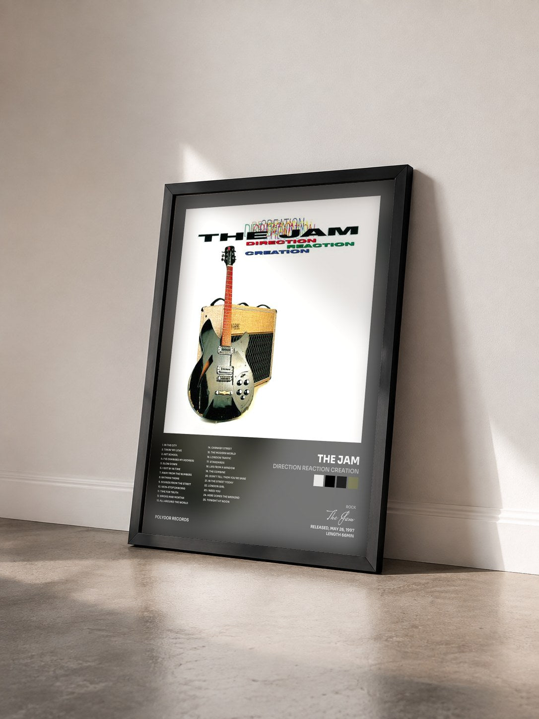 #noir Tableau de l'album Direction Reaction Creation de The Jam vu de trois quarts, cadre noir