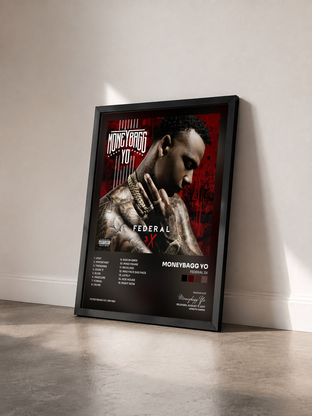 #noir Tableau de l'album Federal 3X de Moneybagg Yo vu de trois quarts, cadre noir