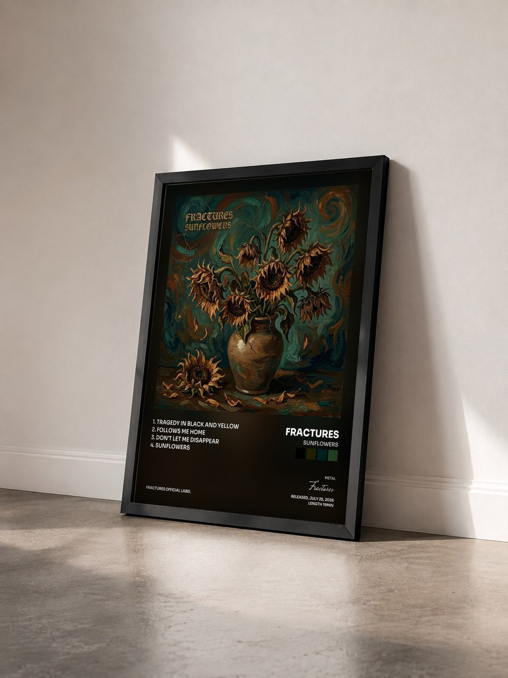 #noir Tableau de l'album Sunflowers de Fractures vu de trois quarts, cadre noir