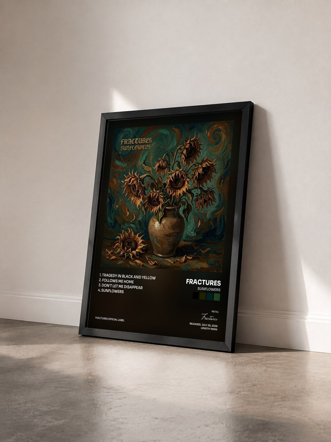 #noir Tableau de l'album Sunflowers de Fractures vu de trois quarts, cadre noir