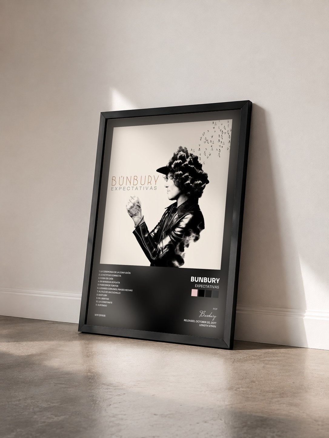 #noir Tableau de l'album Expectativas de Bunbury vu de trois quarts, cadre noir
