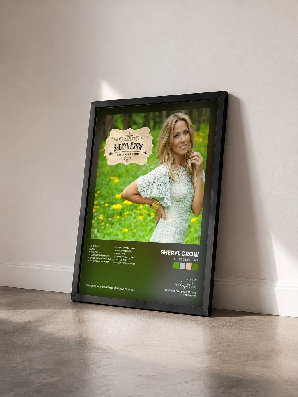 #noir Tableau de l'album Feels Like Home de Sheryl Crow vu de trois quarts, cadre noir