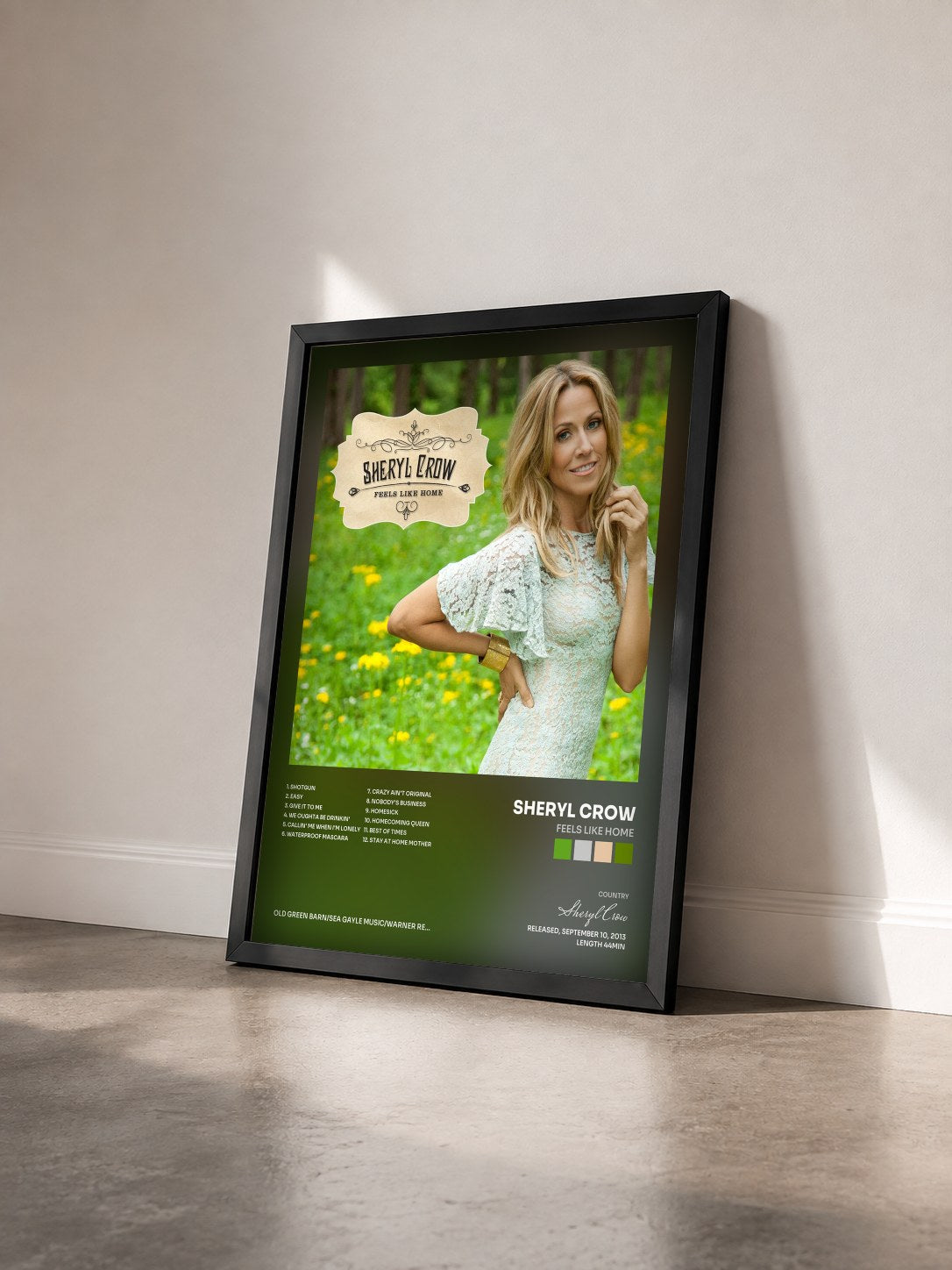 #noir Tableau de l'album Feels Like Home de Sheryl Crow vu de trois quarts, cadre noir