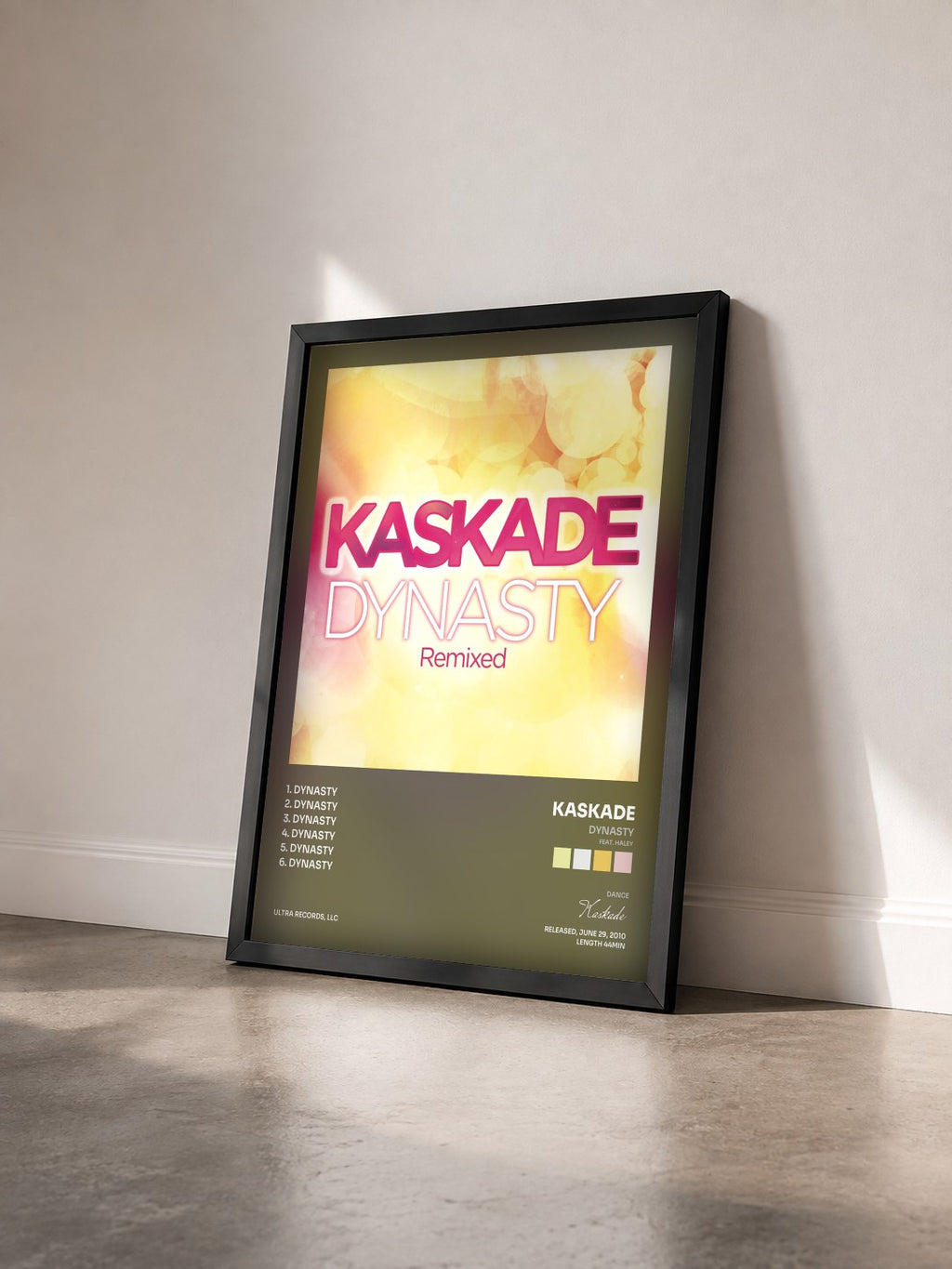 #noir Tableau de l'album Dynasty (feat. Haley) de Kaskade vu de trois quarts, cadre noir