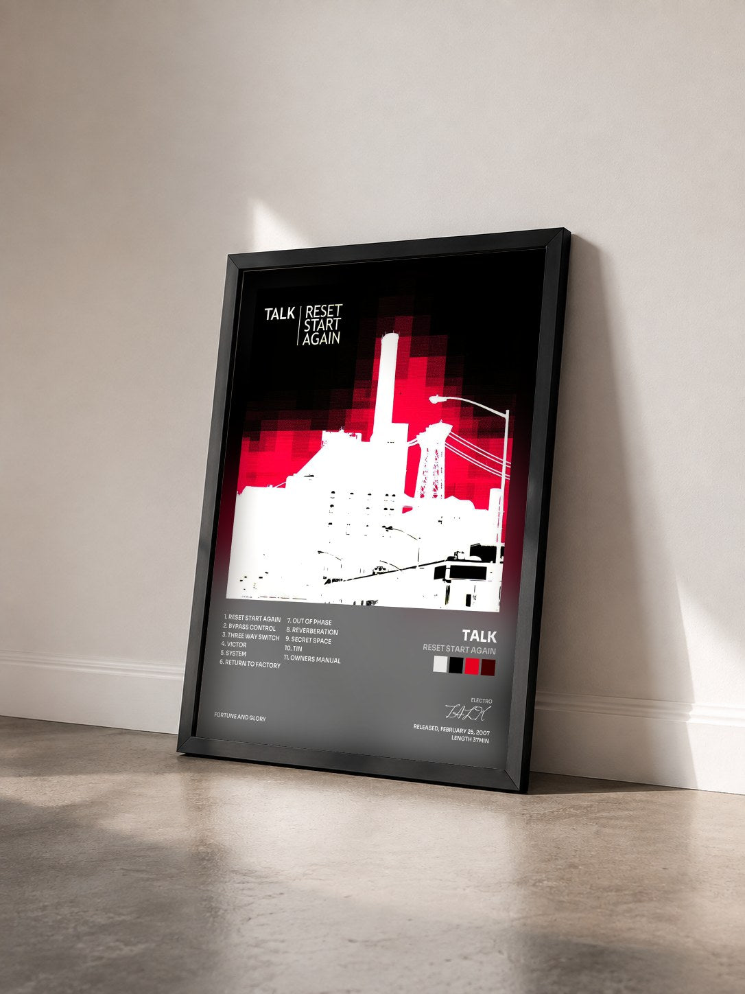 #noir Tableau de l'album Reset Start Again de TALK vu de trois quarts, cadre noir