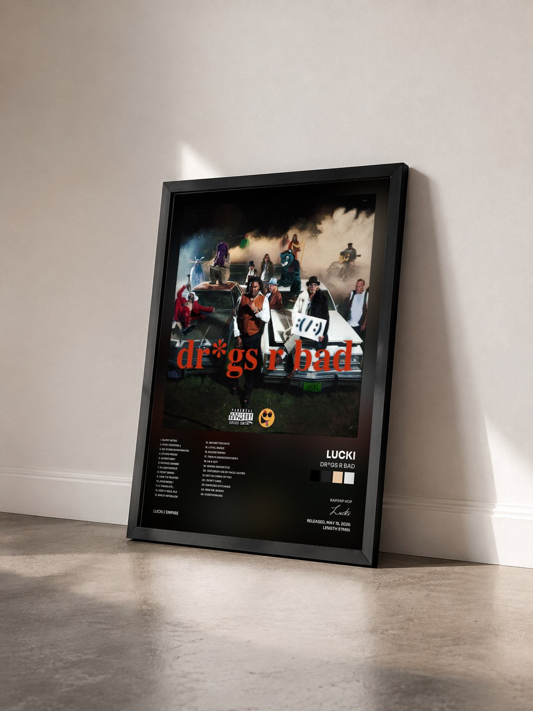 #noir Tableau de l'album Dr*gs R Bad de Lucki vu de trois quarts, cadre noir