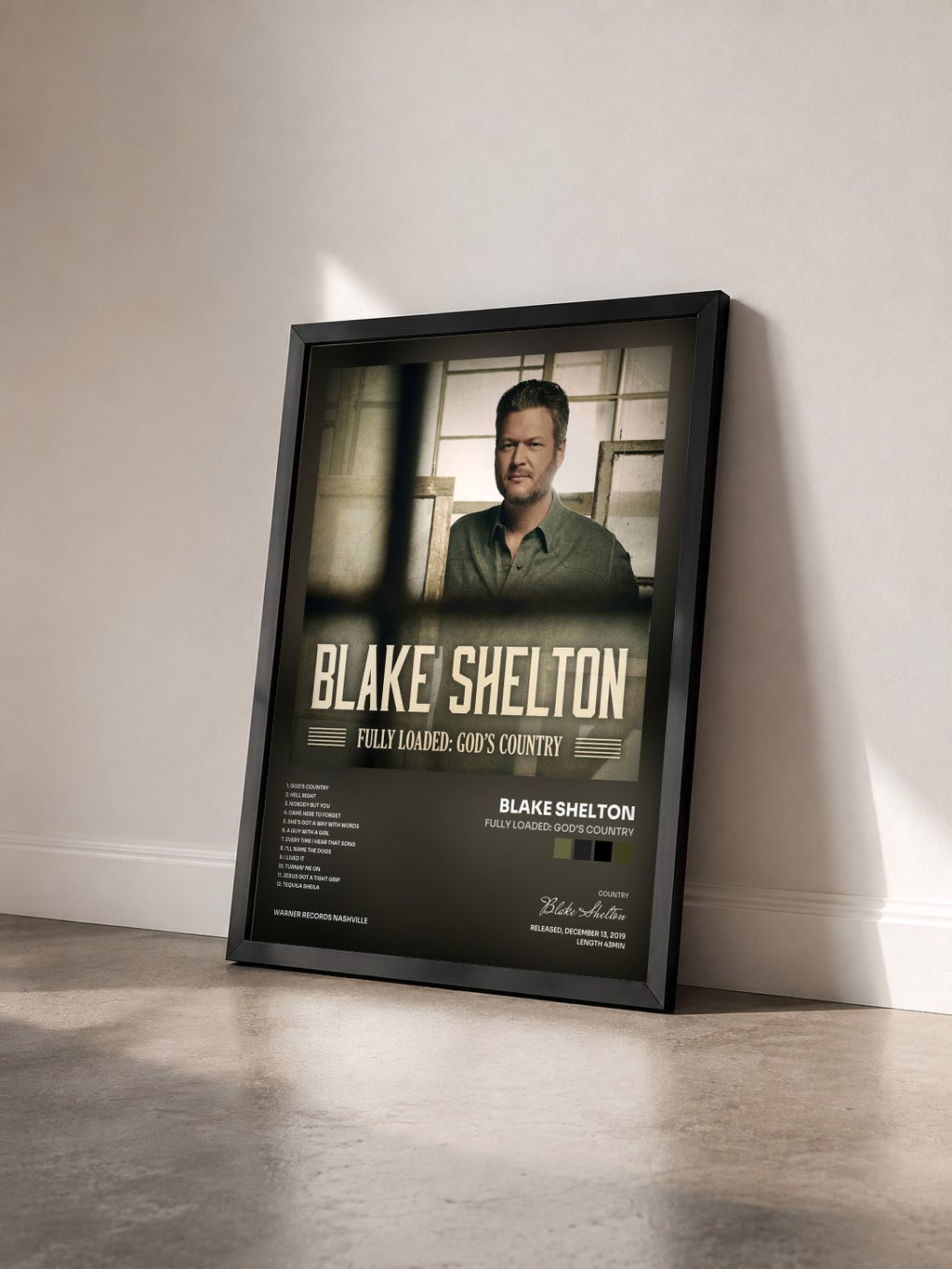 #noir Tableau de l'album Fully Loaded: God's Country de Blake Shelton vu de trois quarts, cadre noir