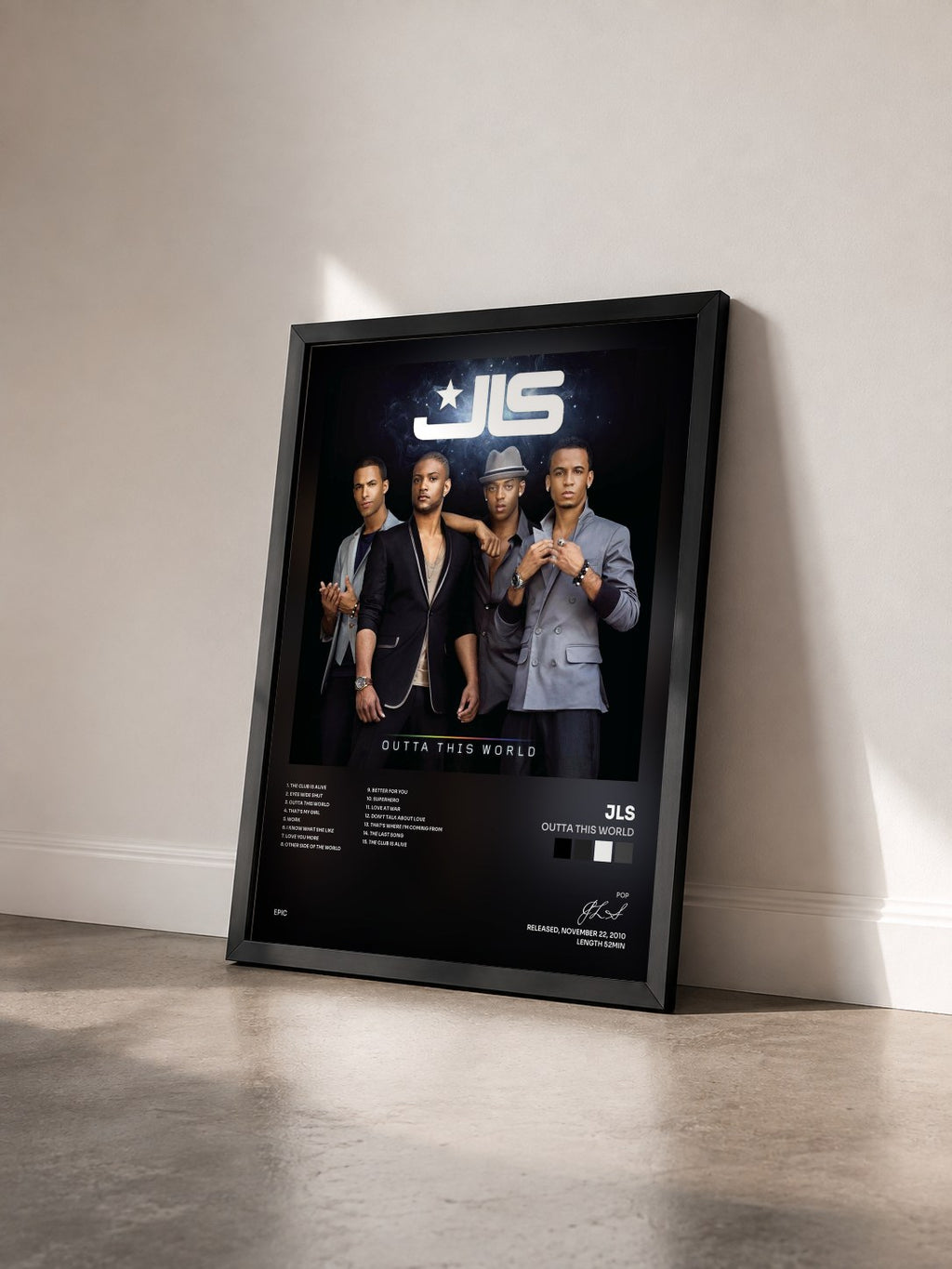 #noir Tableau de l'album Outta This World de JLS vu de trois quarts, cadre noir