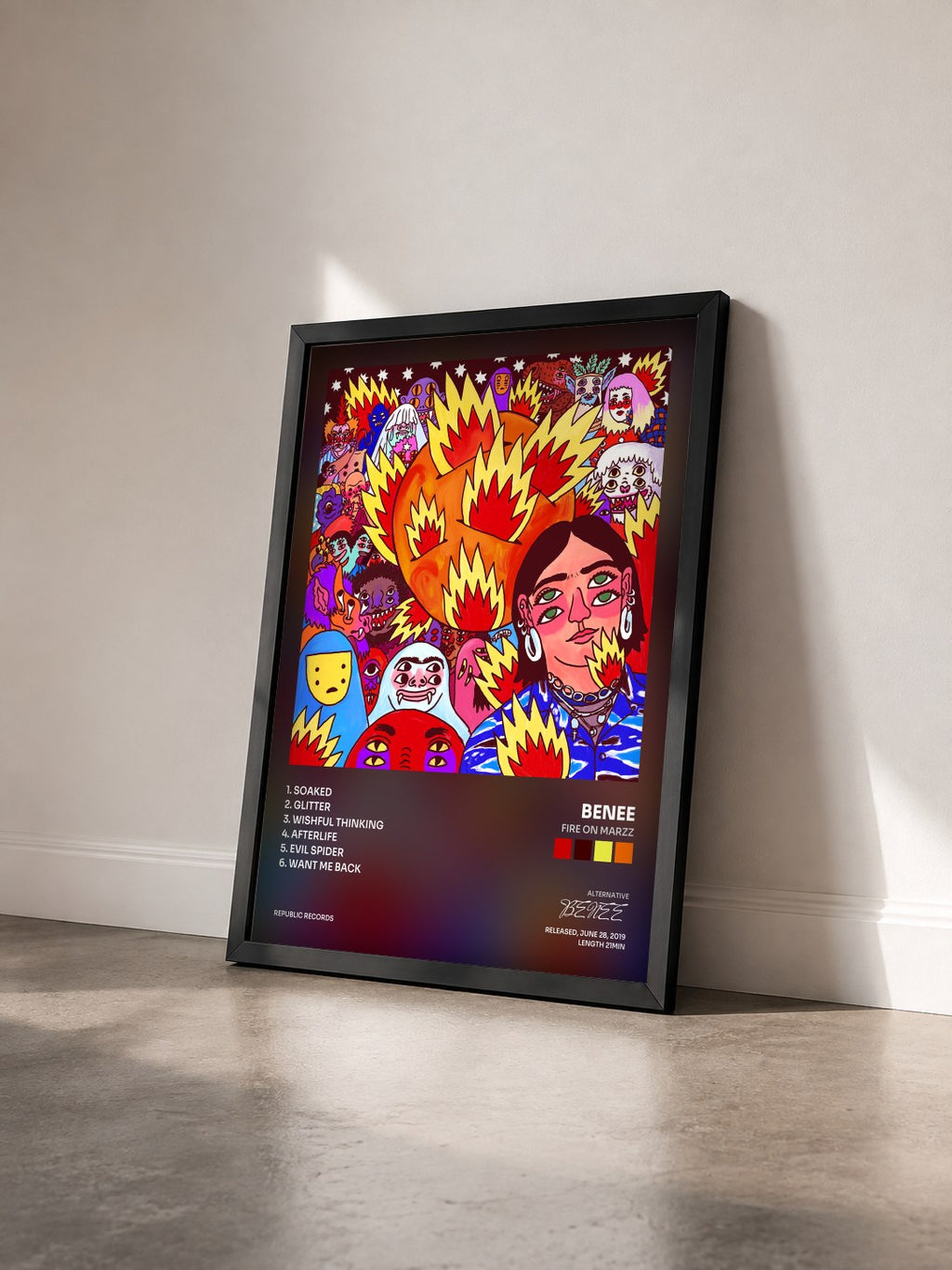 #noir Tableau de l'album FIRE ON MARZZ de BENEE vu de trois quarts, cadre noir