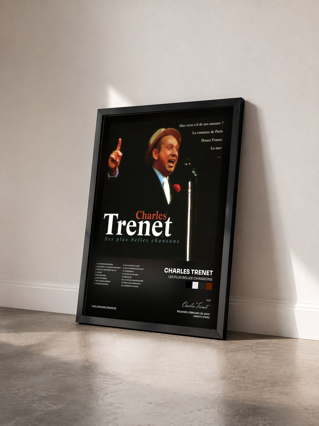 #noir Tableau de l'album les plus belles chansons de Charles Trenet vu de trois quarts, cadre noir