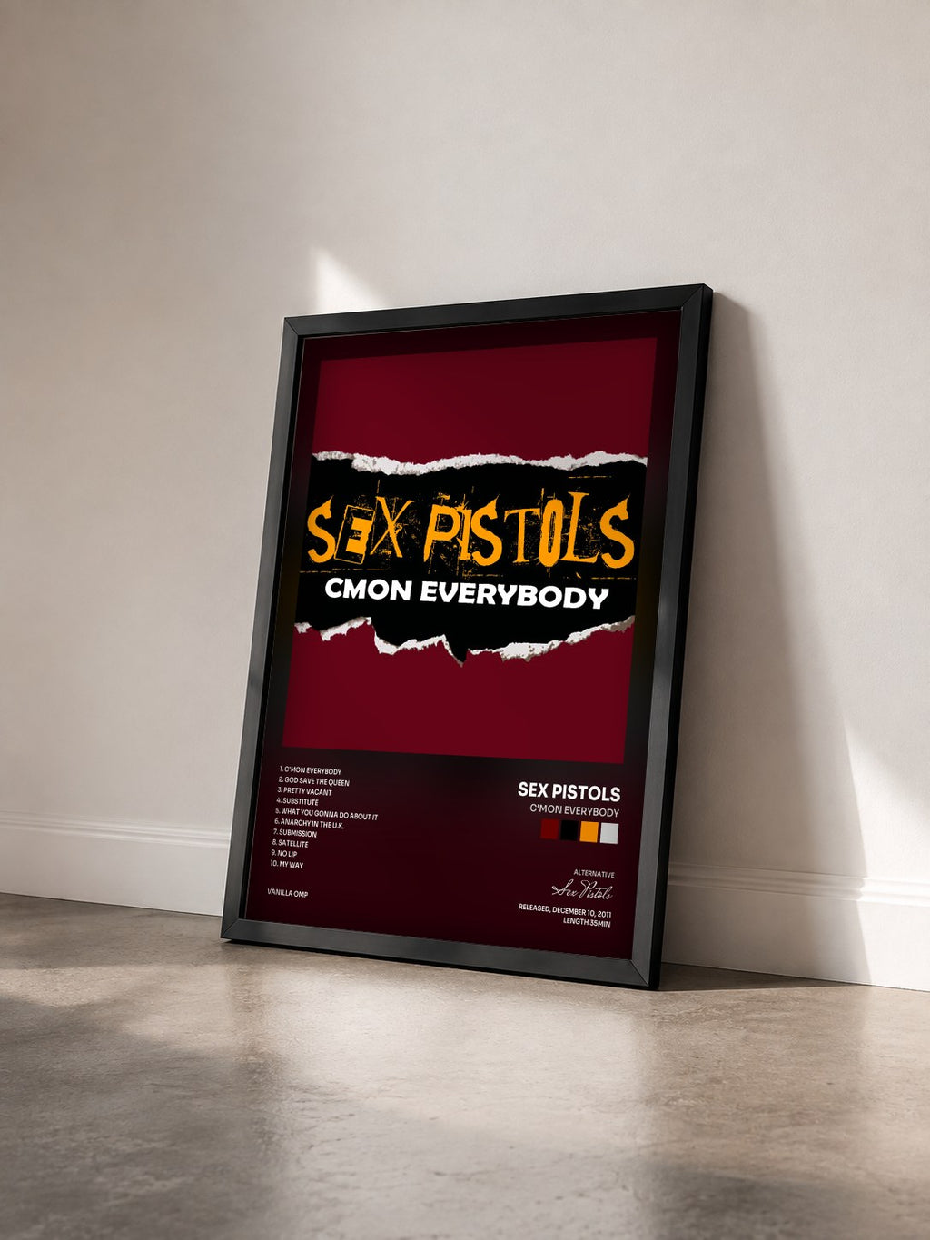 #noir Tableau de l'album C'mon Everybody de Sex Pistols vu de trois quarts, cadre noir