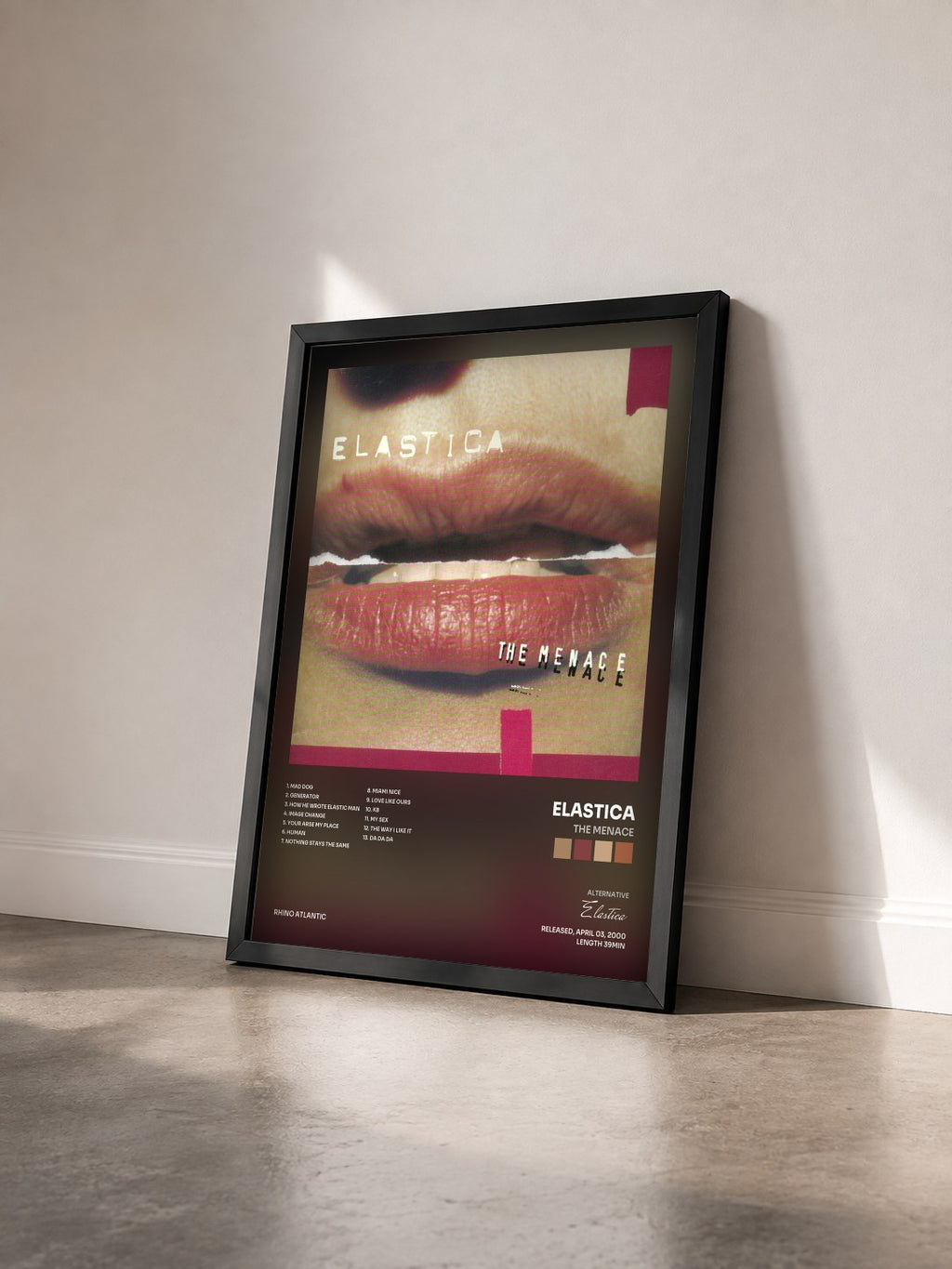 #noir Tableau de l'album The Menace de Elastica vu de trois quarts, cadre noir