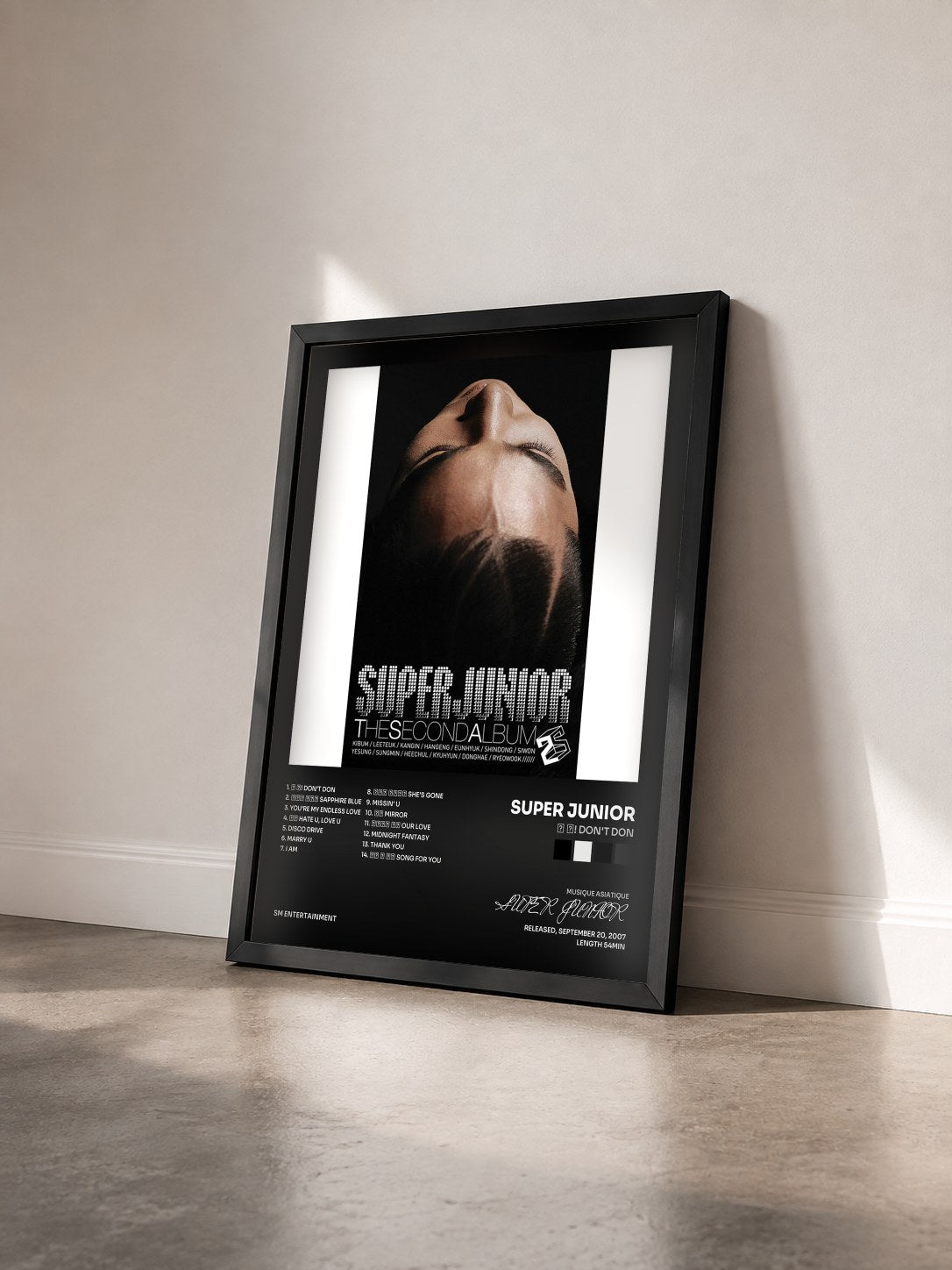 #noir Tableau de l'album 돈 돈! Don't Don de SUPER JUNIOR vu de trois quarts, cadre noir