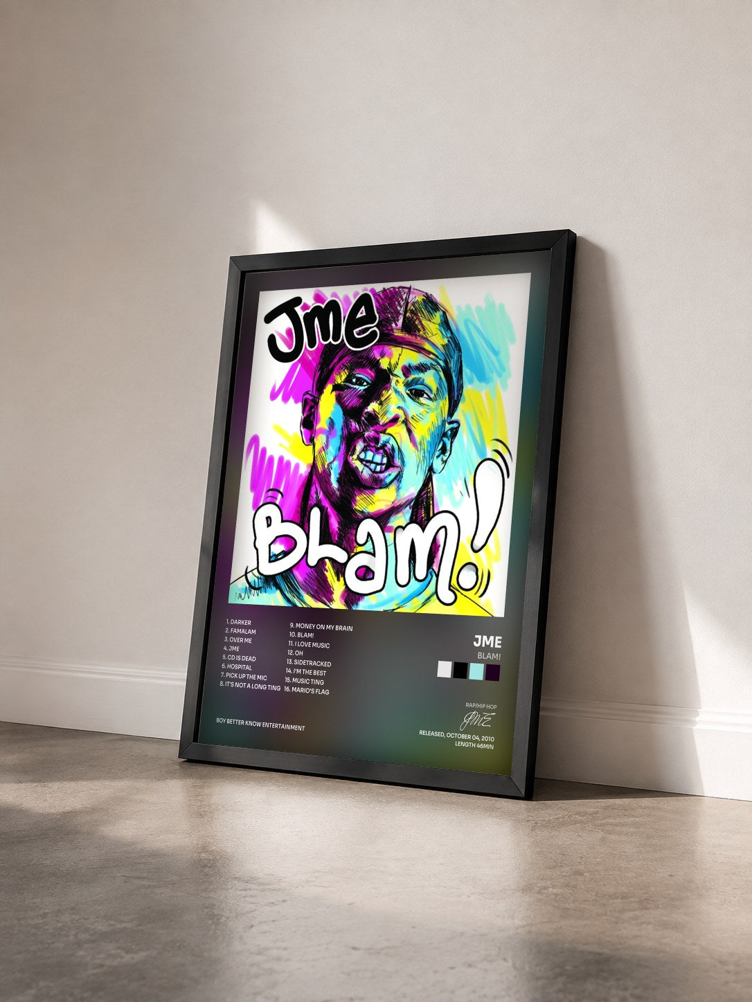 #noir Tableau de l'album Blam! de JME vu de trois quarts, cadre noir