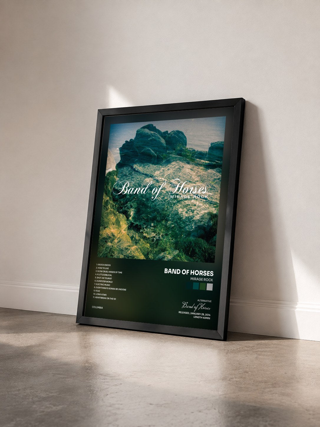 #noir Tableau de l'album Mirage Rock de Band of Horses vu de trois quarts, cadre noir