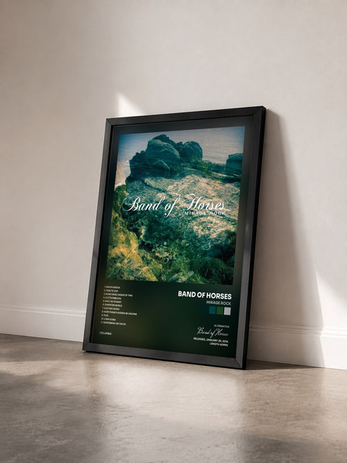 #noir Tableau de l'album Mirage Rock de Band of Horses vu de trois quarts, cadre noir
