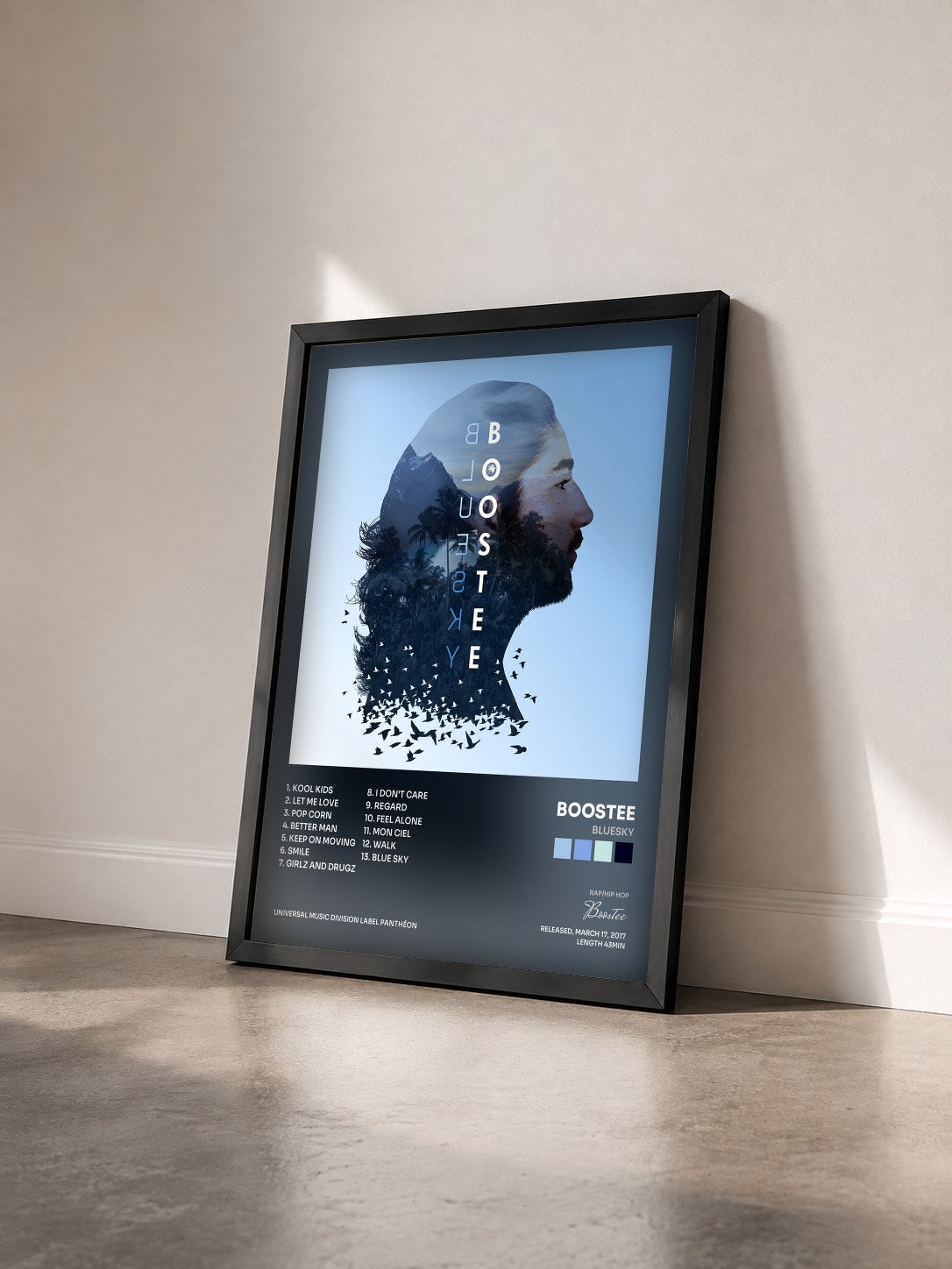 #noir Tableau de l'album Bluesky de Boostee vu de trois quarts, cadre noir