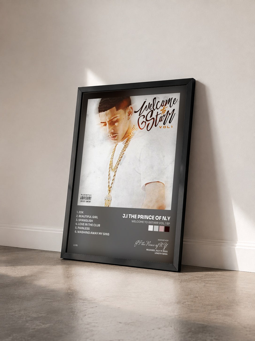 #noir Tableau de l'album Welcome to GStarr Vol. 1 EP de J.I the Prince of N.Y vu de trois quarts, cadre noir