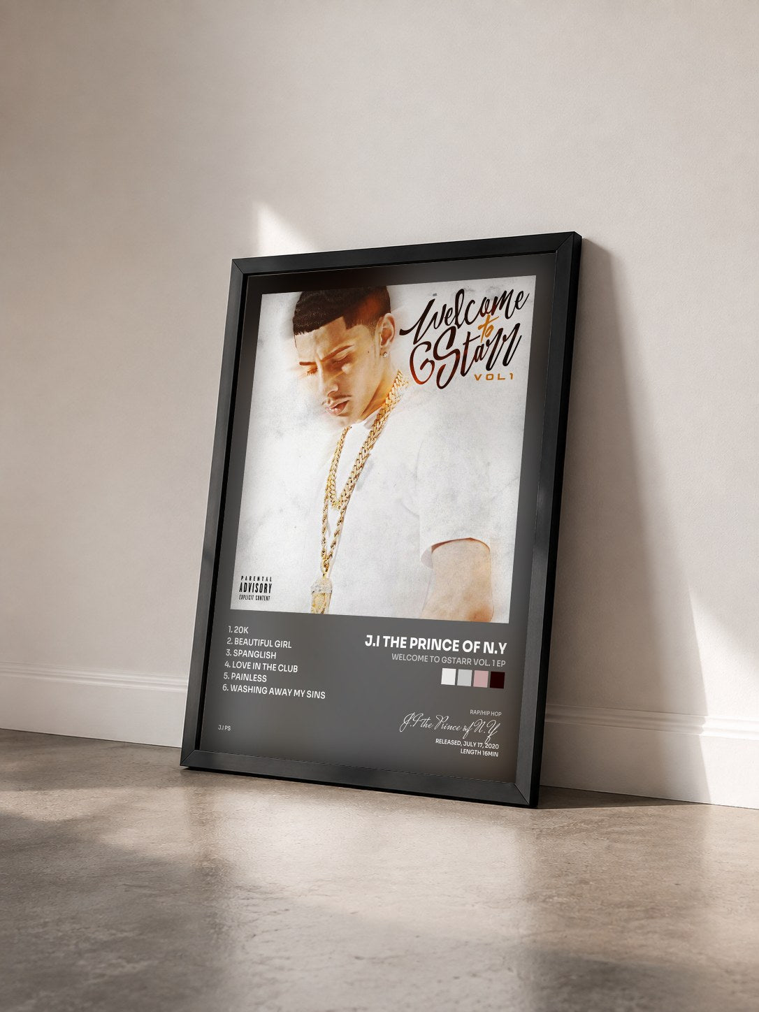 #noir Tableau de l'album Welcome to GStarr Vol. 1 EP de J.I the Prince of N.Y vu de trois quarts, cadre noir