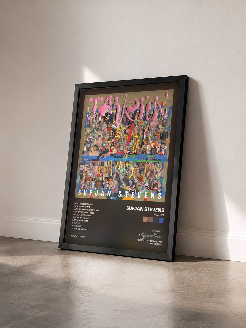 #noir Tableau de l'album Javelin de Sufjan Stevens vu de trois quarts, cadre noir
