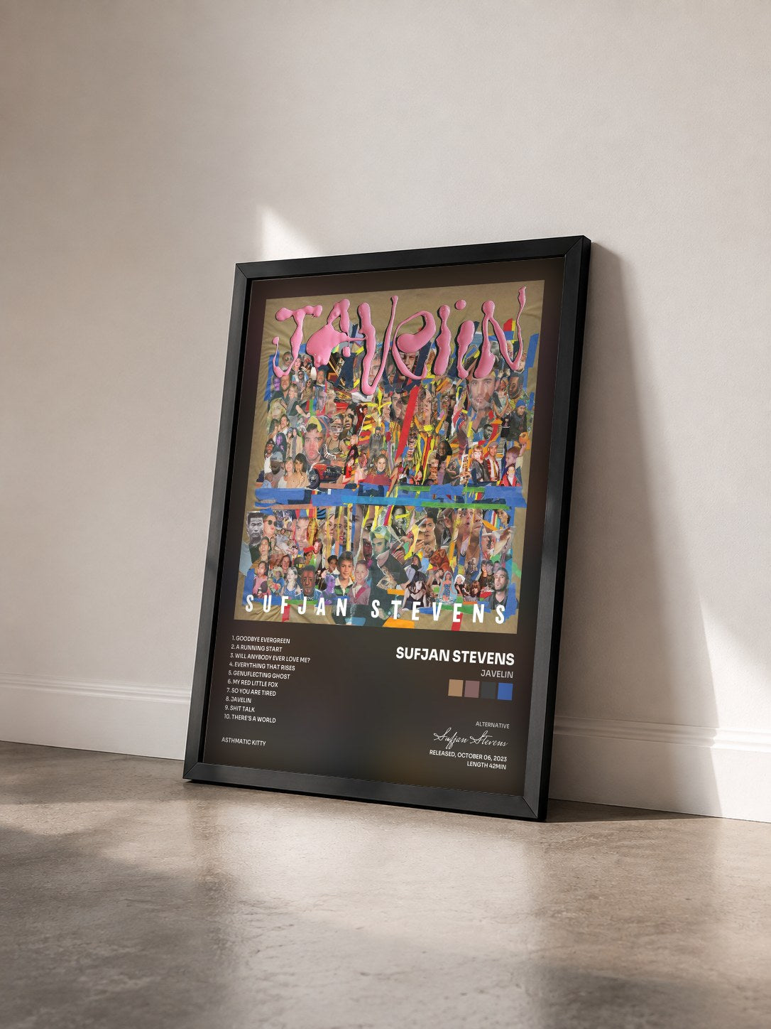 #noir Tableau de l'album Javelin de Sufjan Stevens vu de trois quarts, cadre noir