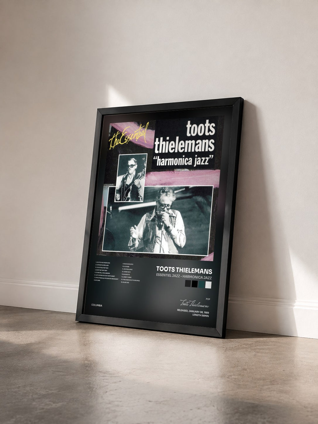 #noir Tableau de l'album Essentiel Jazz - Harmonica Jazz de Toots Thielemans vu de trois quarts, cadre noir