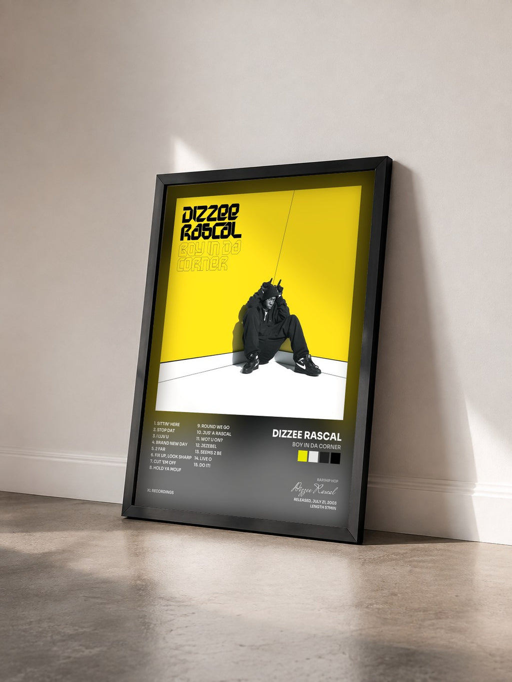 #noir Tableau de l'album Boy In Da Corner de Dizzee Rascal vu de trois quarts, cadre noir