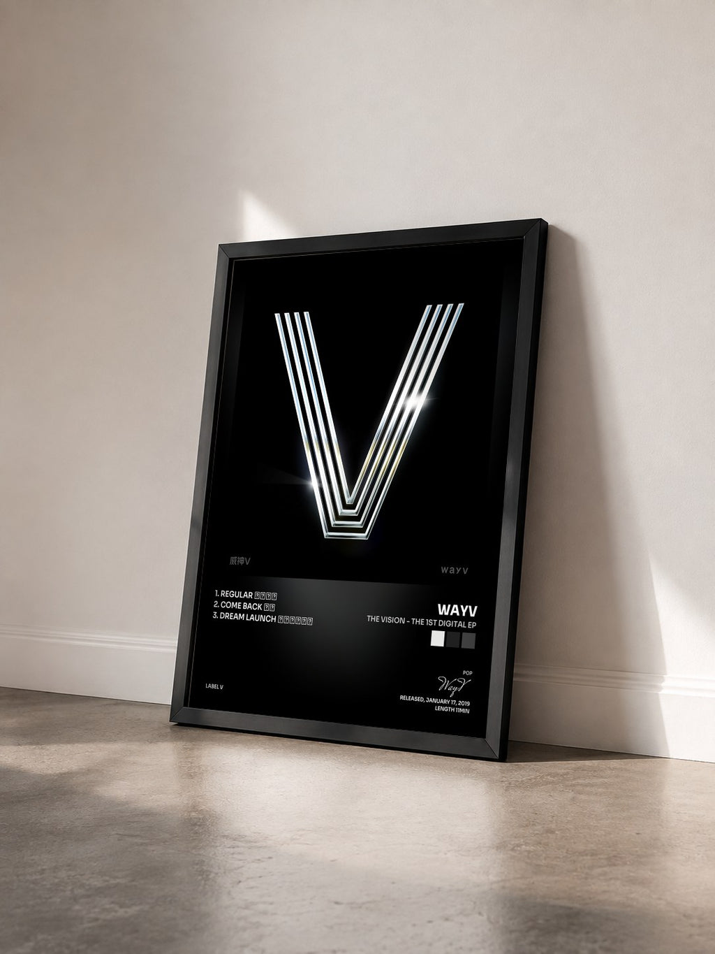 #noir Tableau de l'album The Vision - The 1st Digital EP de WayV vu de trois quarts, cadre noir
