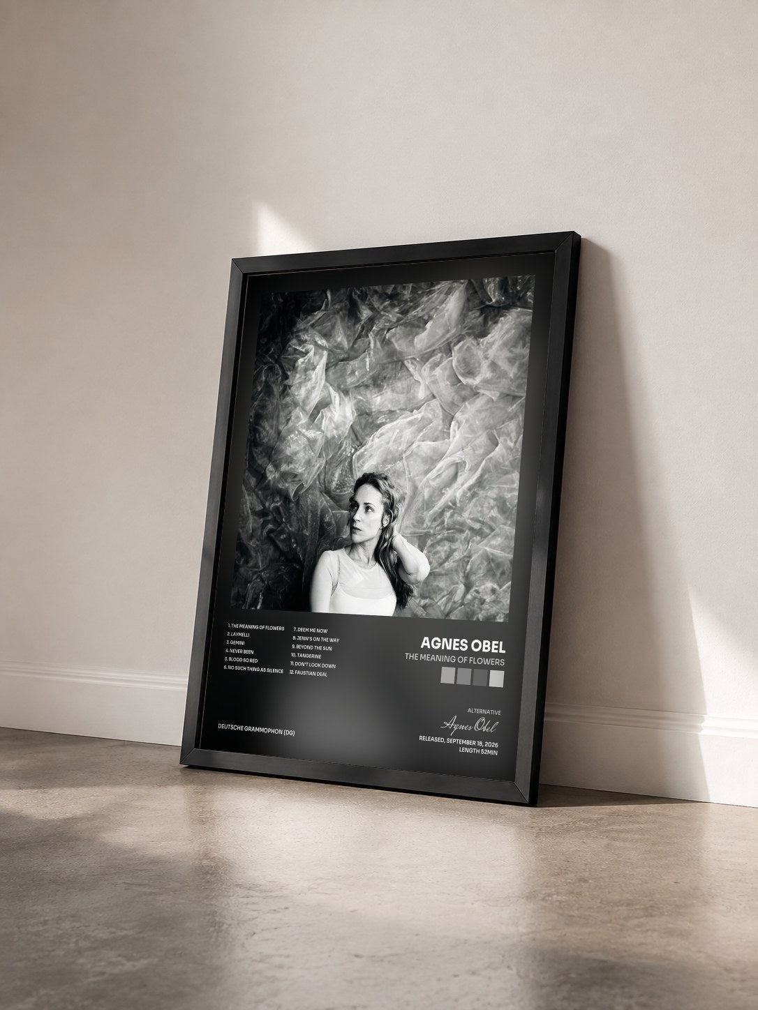#noir Tableau de l'album The Meaning of Flowers de Agnes Obel vu de trois quarts, cadre noir