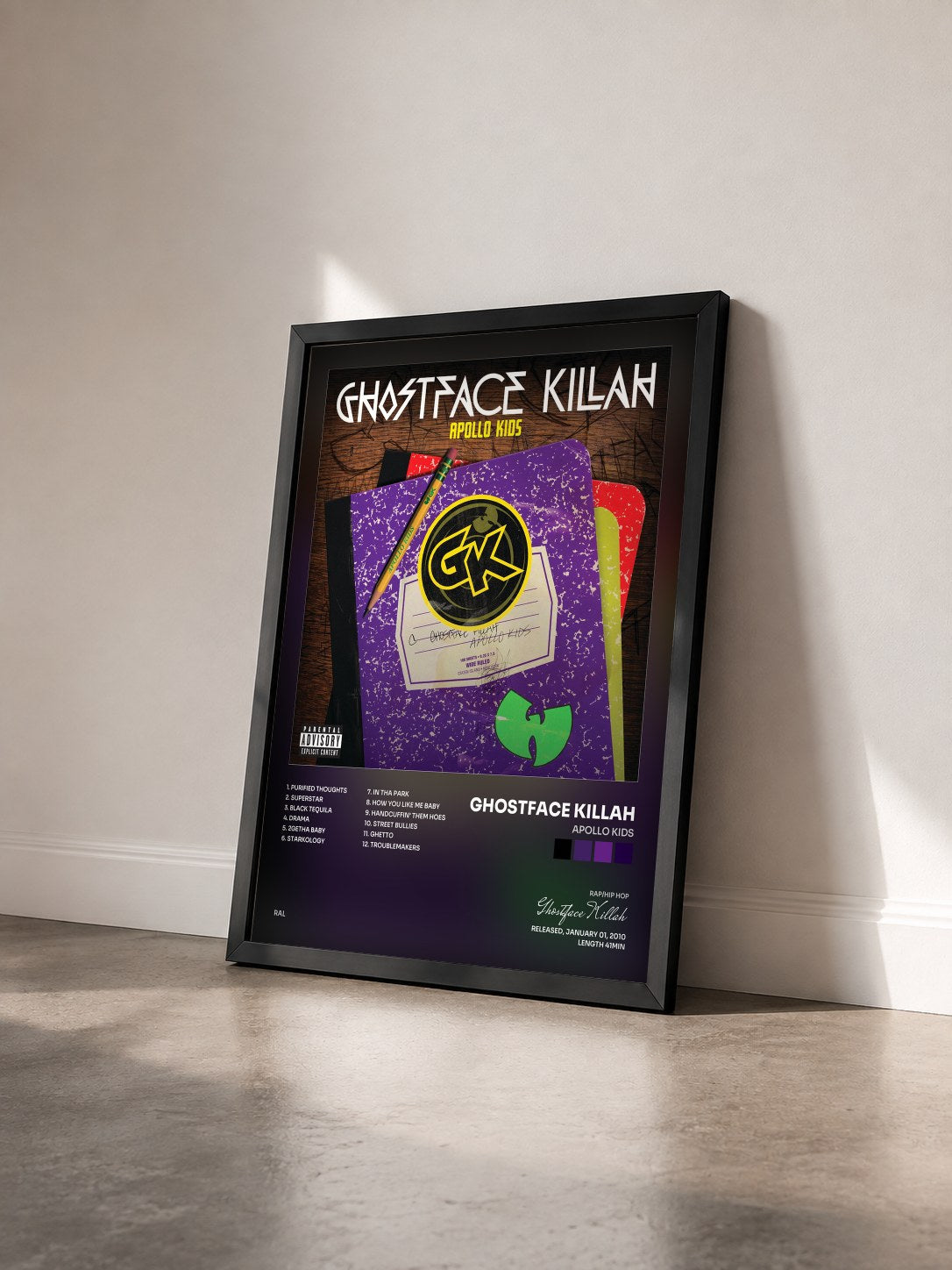 #noir Tableau de l'album Apollo Kids de Ghostface Killah vu de trois quarts, cadre noir