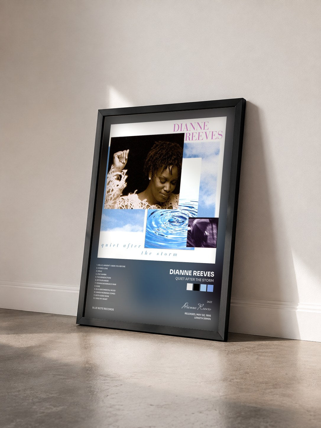 #noir Tableau de l'album Quiet After The Storm de Dianne Reeves vu de trois quarts, cadre noir