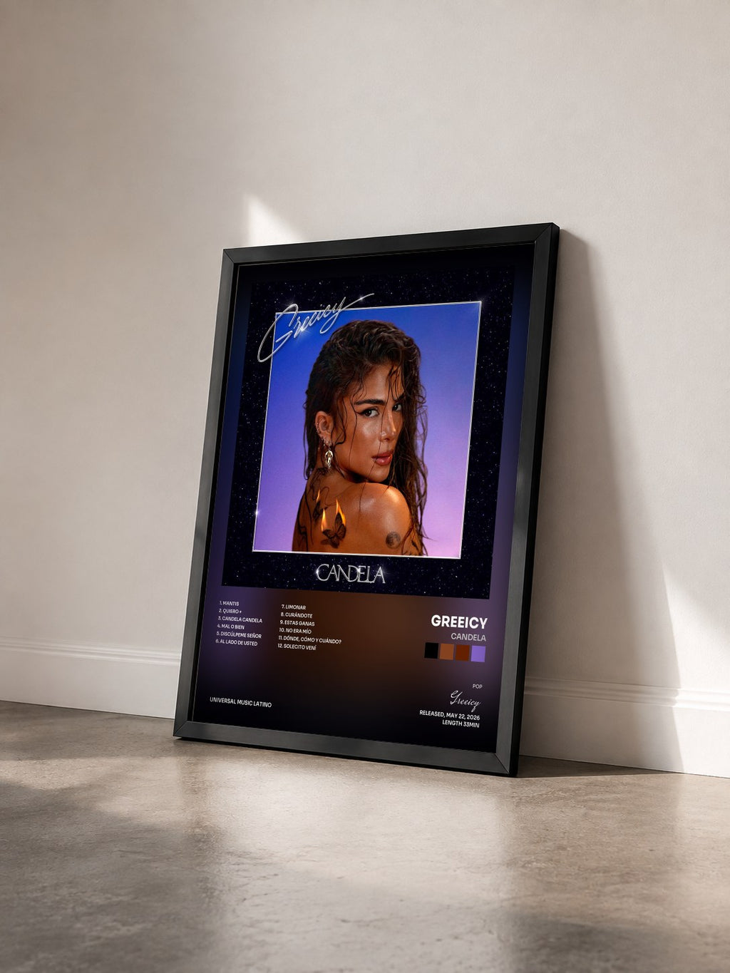 #noir Tableau de l'album CANDELA de Greeicy vu de trois quarts, cadre noir