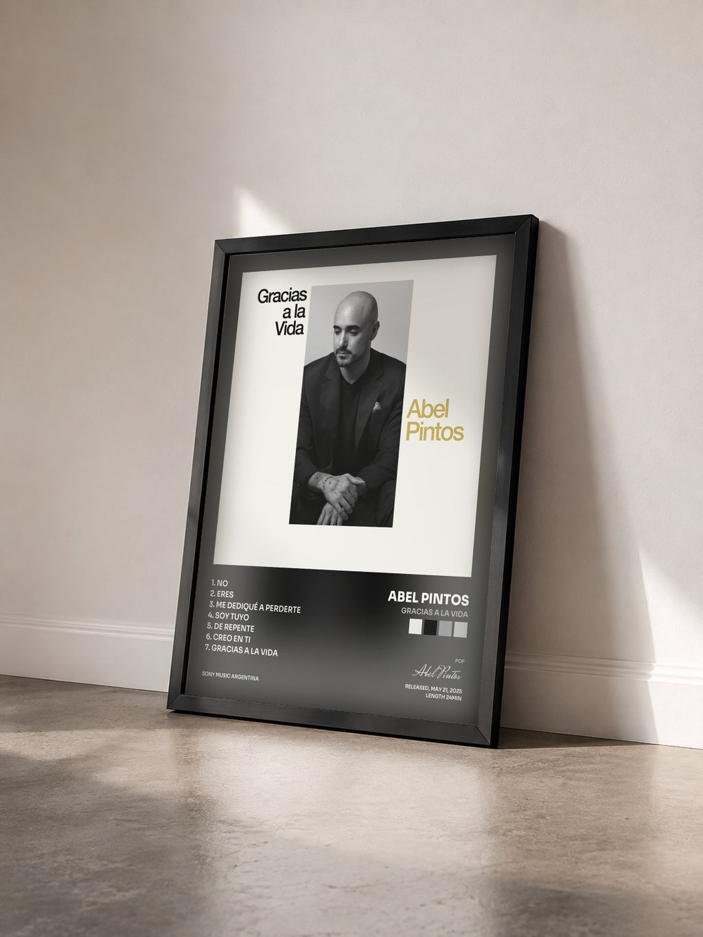 #noir Tableau de l'album Gracias a la Vida de Abel Pintos vu de trois quarts, cadre noir