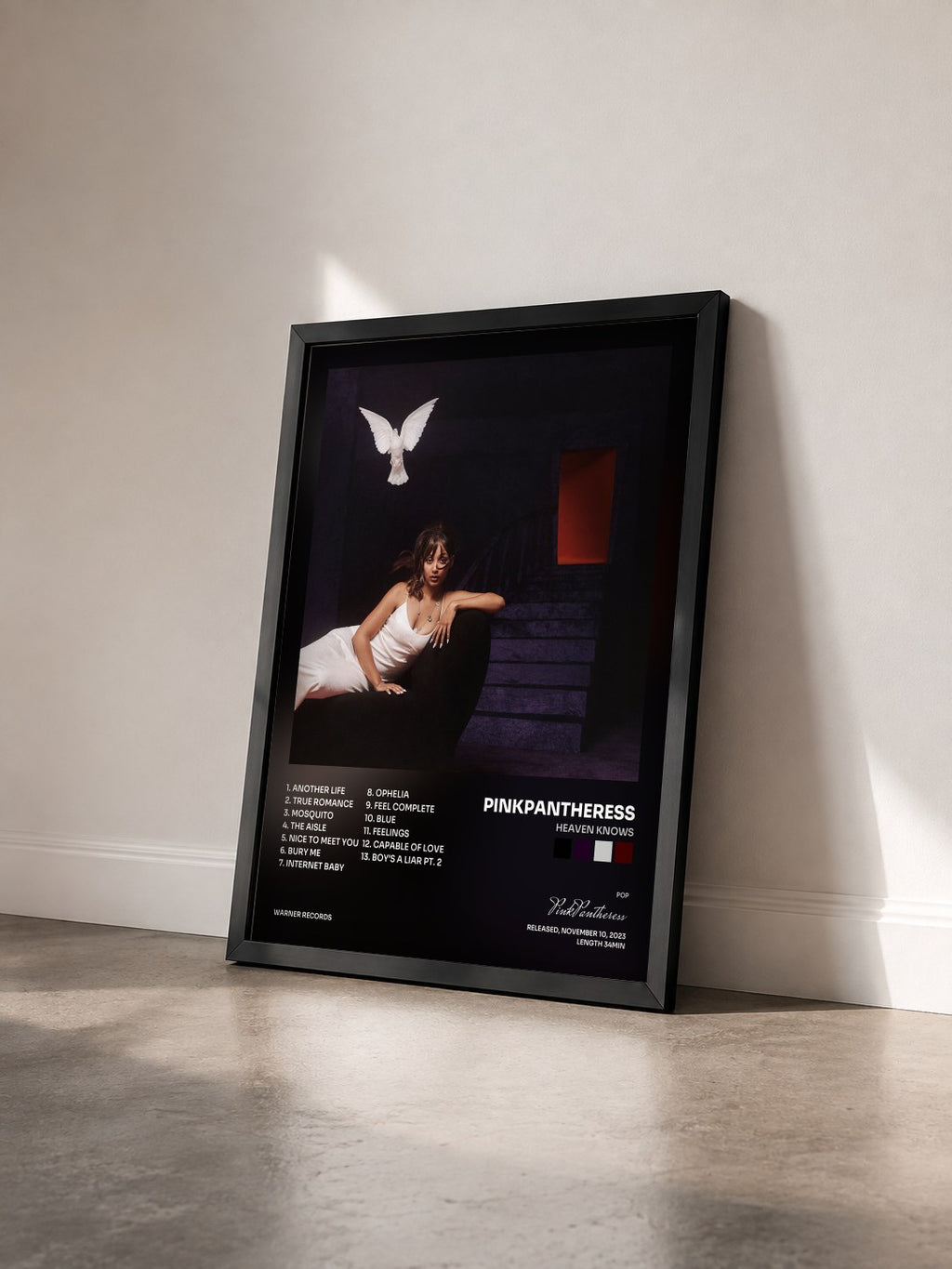 #noir Tableau de l'album Heaven knows de PinkPantheress vu de trois quarts, cadre noir