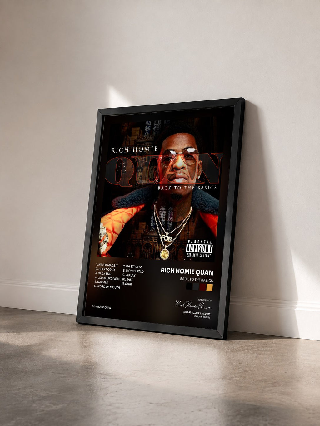#noir Tableau de l'album Back To The Basics de Rich Homie Quan vu de trois quarts, cadre noir