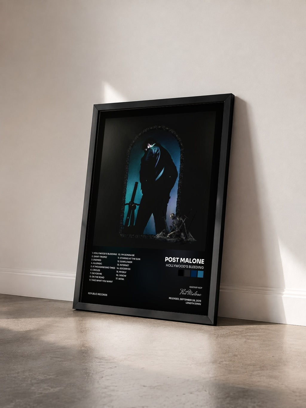 #noir Tableau de l'album Hollywood's Bleeding de Post Malone vu de trois quarts, cadre noir